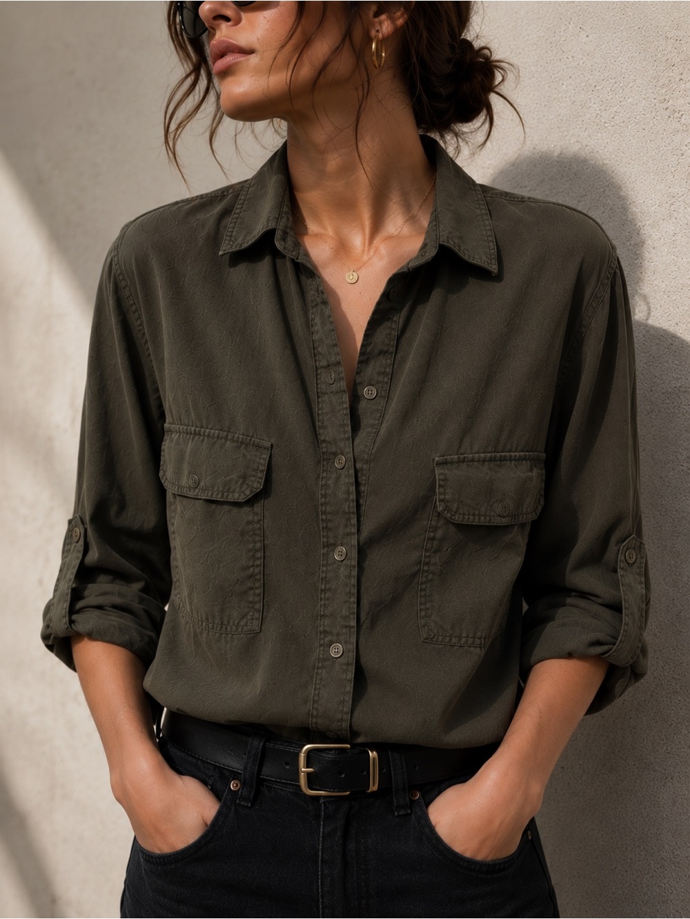Aritzia The Group Babaton Lyocell Utility Button Down Shirt Brown Small